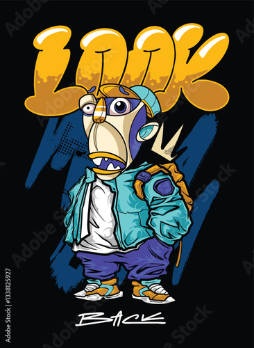 A vibrant and detailed graffiti-style illustration featuring a cool street art character wearing a snapback, hoodie, and sunglasses. The bold colors and urban aesthetic make this vector artwork perfec
