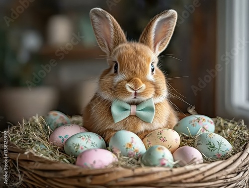Cute bunny with Easter eggs. AI.