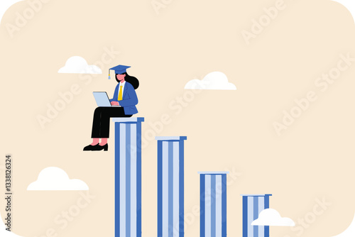 graduated women working on a big pillar sitting on a top pillar