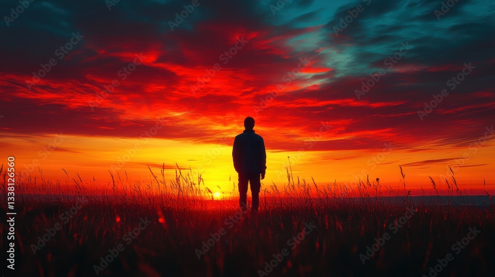 Fototapeta premium Silhouette of a Man at Sunset, fiery sky, peaceful landscape