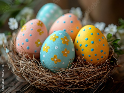 Decorated eggs in a nest. AI.