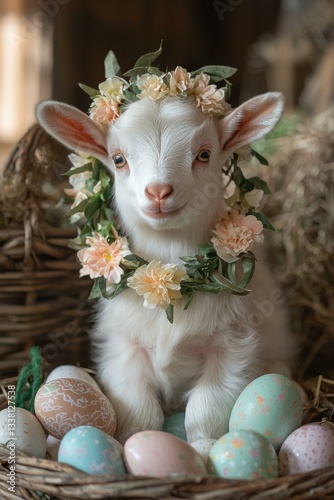 Cute baby goat with a flower crown. AI.