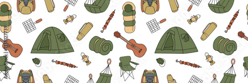 Seamless pattern of Picnic and BBQ elements. Bright colorful doodle style symbols for summer outdoor recreation theme. Vector illustration