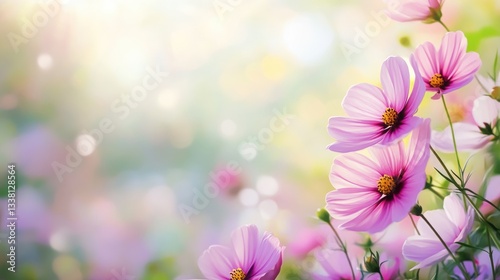 Delicate pink flowers flourish in a sunlit garden, creating a serene atmosphere during a beautiful spring day