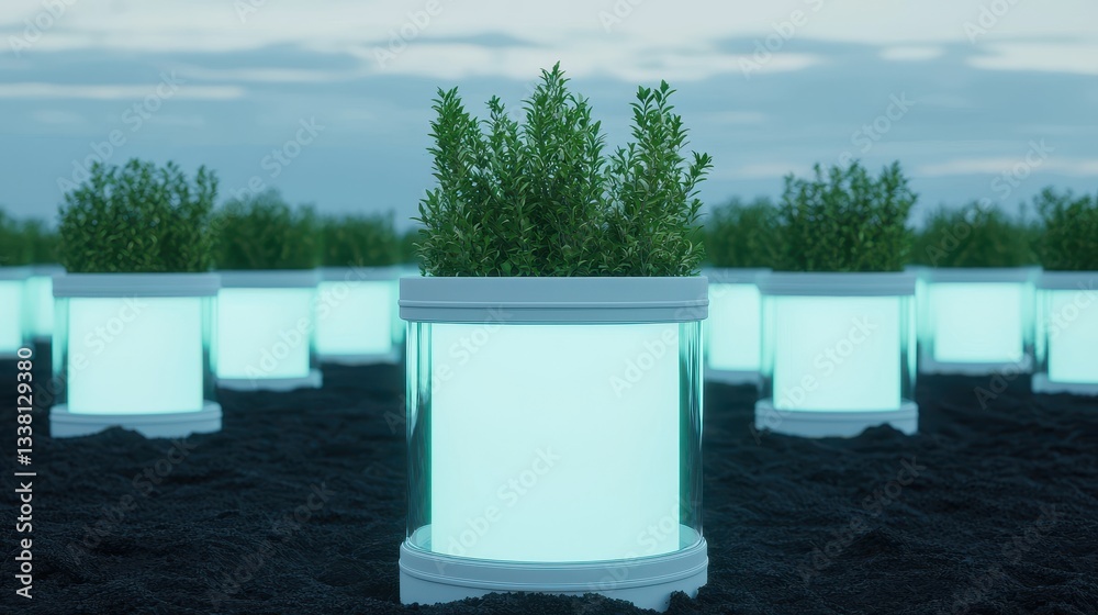 Fototapeta premium Glowing planters in a field under a cloudy sky.