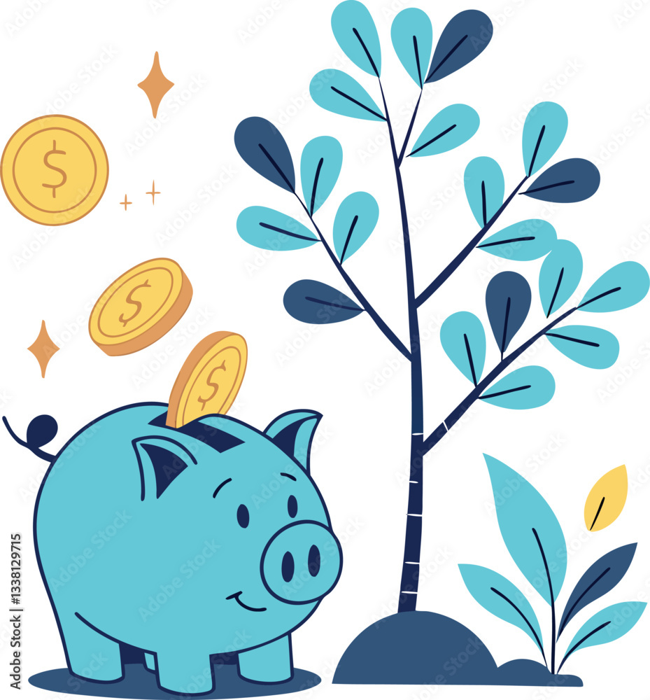Obraz premium Happy Pink Piggy Bank with Floating Golden Coins and Money Trees