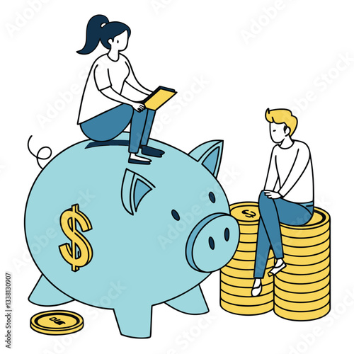 Man and Woman Sitting on Pink Piggy Bank with Stack of Golden Money Coins