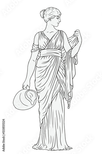 Ancient greek woman goddess in tunic with a jug for wine and water. Figure isolated on white background