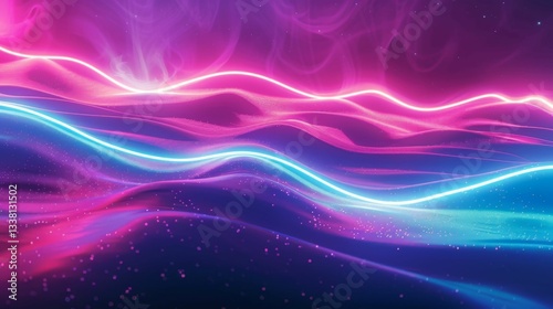 A colorful, neon-lit background with a purple and blue wave