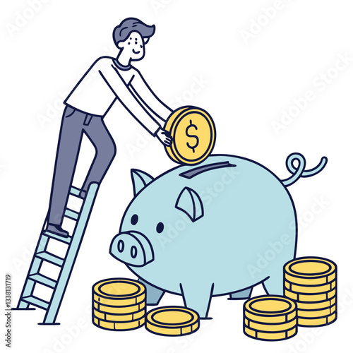 Man Climbing Ladder to Insert Coin into Piggy Bank - Saving Money, Investment, and Financial Growth Concept Illustrator Artwork