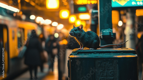 A small rat perches atop a weathered iron box in a busy subway station, illuminated by warm, colorful lights and surrounded by commuters