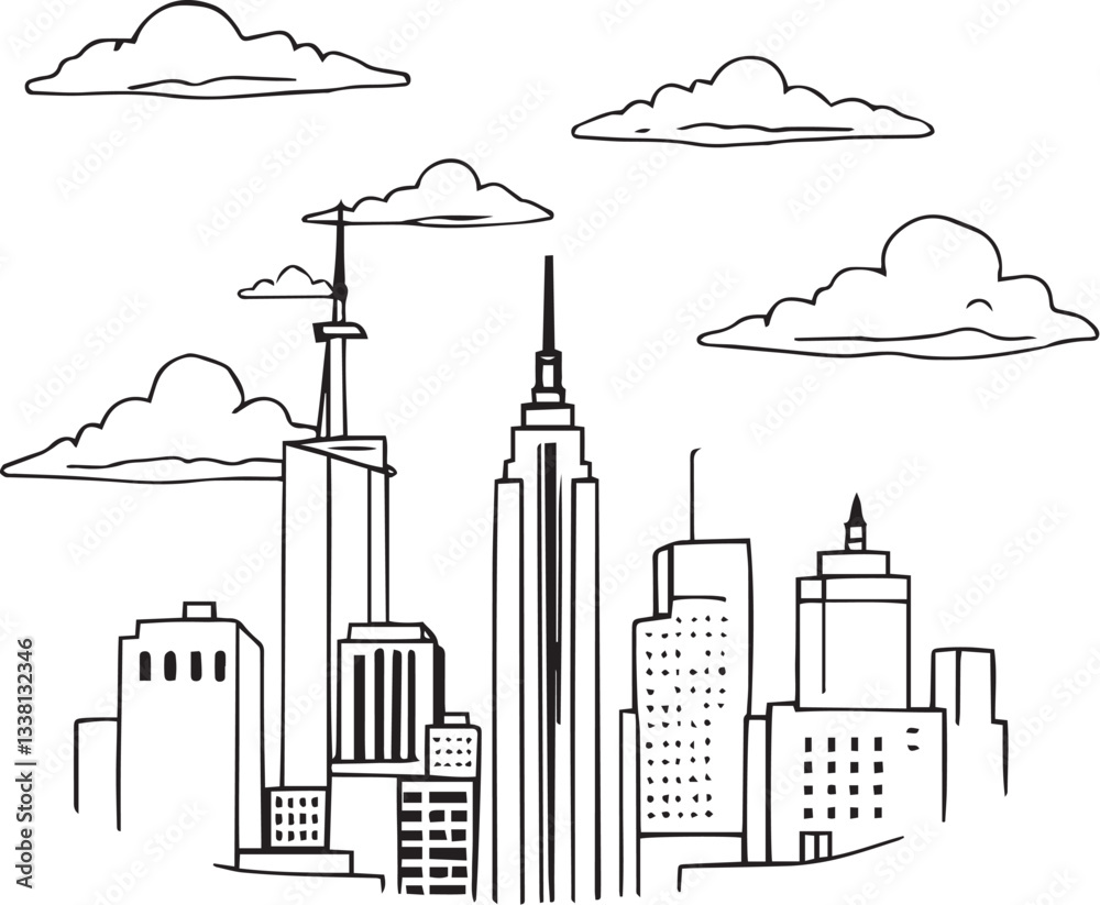 Obraz premium City landscape. Line urban backdrop. Skyline with clouds, different buildings on street, doodle street draw, outline cityscape hand sketch, flat houses. Hand drawn vector illustration