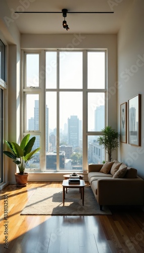 High ceilings  natural light  minimalist decor  urban view  metal  open  natural light