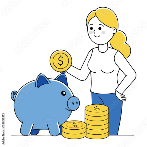Woman Putting Golden Money Coin into Piggy Bank with Stack of Coins 