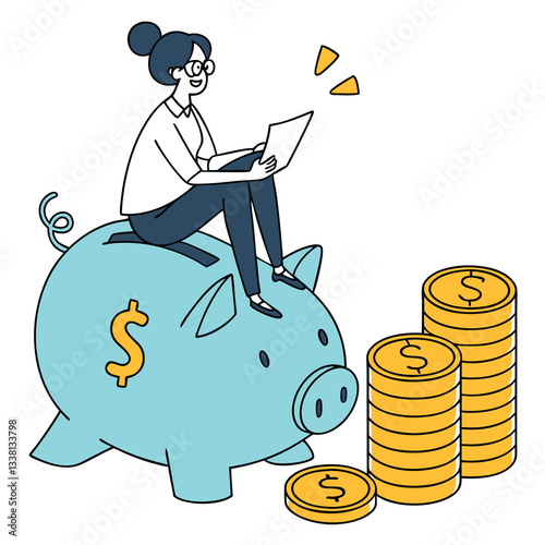 woman sit on pink piggy bank with stack of golden money coins