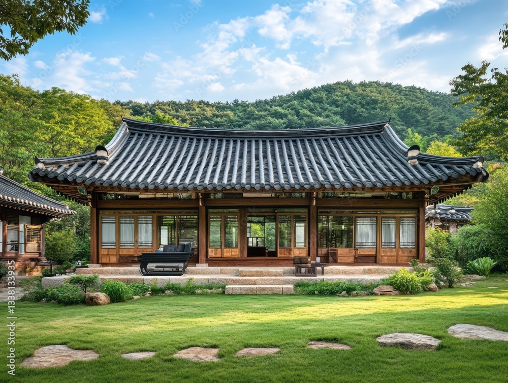 Obraz premium Beautiful traditional Asian style house sitting on a green lawn
