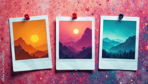 Three polaroid photos pinned to a textured surface, three, object, still life