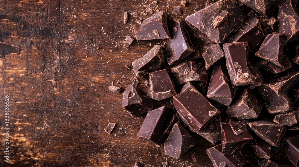 Rustic chocolate chunks with rough hewn texture in cafe Rustic chocolate chunks with rough hewn texture in cafe