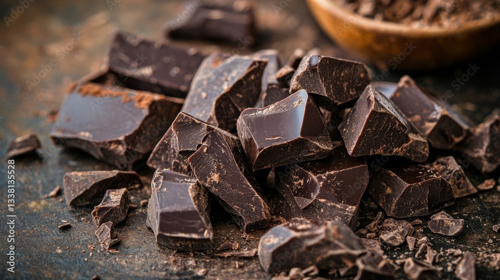 Rustic chocolate chunks with rough hewn texture in cafe Rustic chocolate chunks with rough hewn texture in cafe