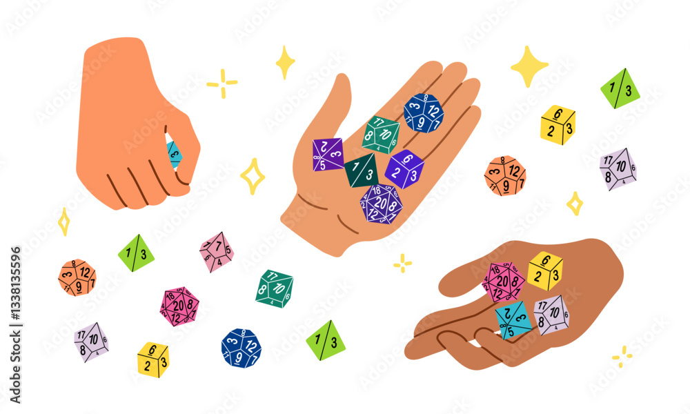 Φωτογραφία D8 D10 D12 D20 Dice for Board games, RPG dice set for table game vector illustration , hand drawn flat style illustration isolate on white