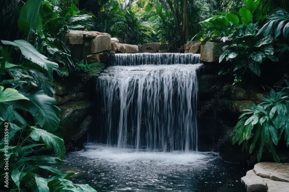 Naklejka premium Tranquil waterfall nestled in vibrant greenery, embodying the essence of a serene vacation escape.