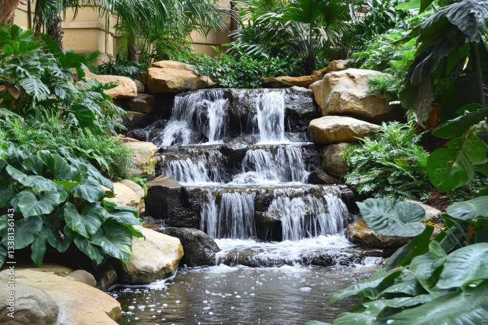 Tranquil waterfall nestled in vibrant greenery, embodying the essence of a serene vacation escape. Tranquil waterfall nestled in vibrant greenery, embodying the essence of a serene vacation escape.