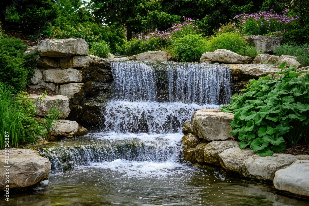 Naklejka premium Tranquil waterfall nestled in vibrant greenery, embodying the essence of a serene vacation escape.