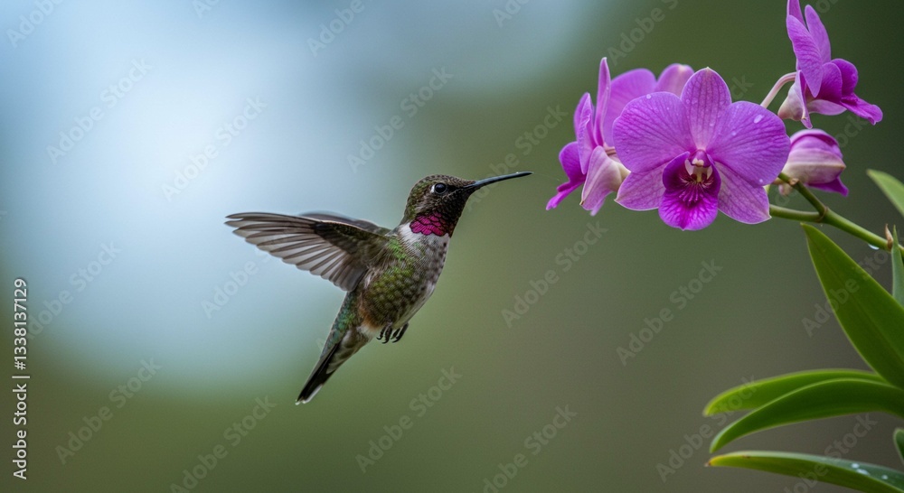 Fototapeta premium Hummingbird in Flight Approaching Purple Orchid Flowers in Nature