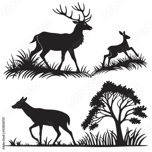 Majestic Deer Silhouettes in Natural Habitat | Artistic Wildlife Illustration with Fawn and Tree"