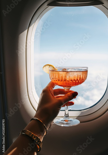 Sipping elegance above the clouds, a perfect blend of travel and taste in a single frame