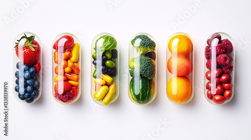Vivid illustration of colorful fruits and vegetables inside clear medicine pill capsules arranged in lines on a white background, flat lay view, vibrant colors
