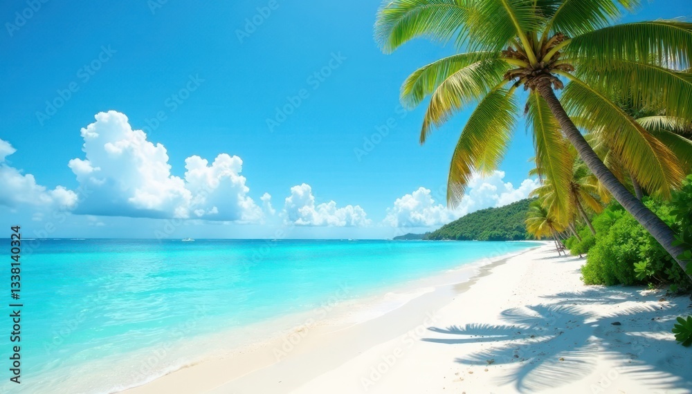 White sand beach, turquoise water, palm trees, untouched, uninhabited, relax White sand beach, turquoise water, palm trees, untouched, uninhabited, relax