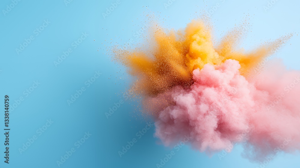 Fototapeta premium Colorful Dust Explosion on Light Blue Background Abstract Powder Effect