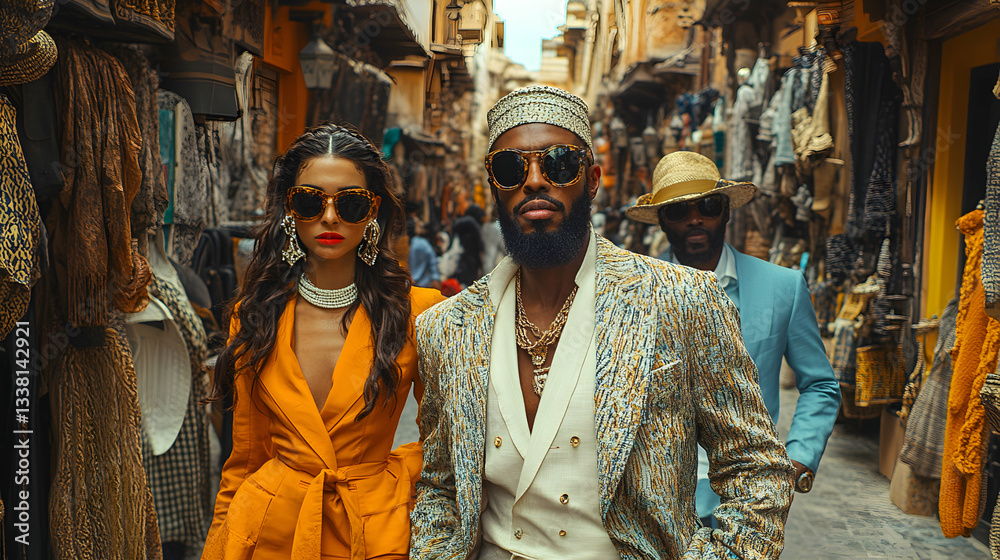 Obraz premium Stylish Trio Strolling Through A Vibrant Marketplace