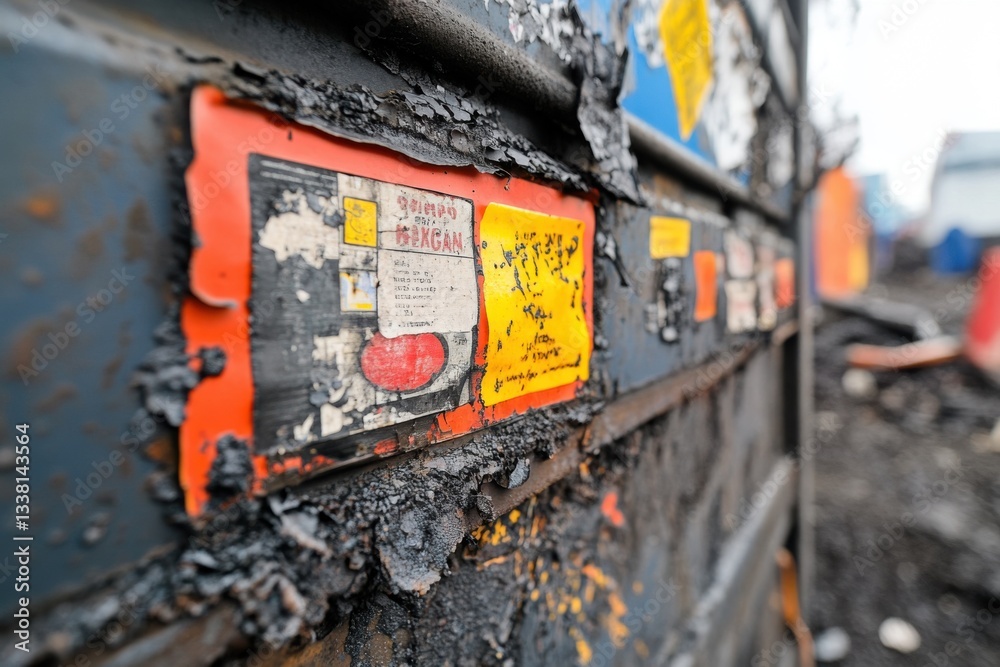 Close-up of a rusty metal surface, with peeling paint and faded stickers, indicating age and weathering. Close-up of a rusty metal surface, with peeling paint and faded stickers, indicating age and weathering.