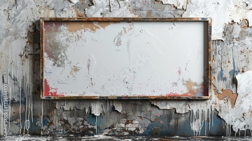 A white frame with a black border sits on a wall with graffiti