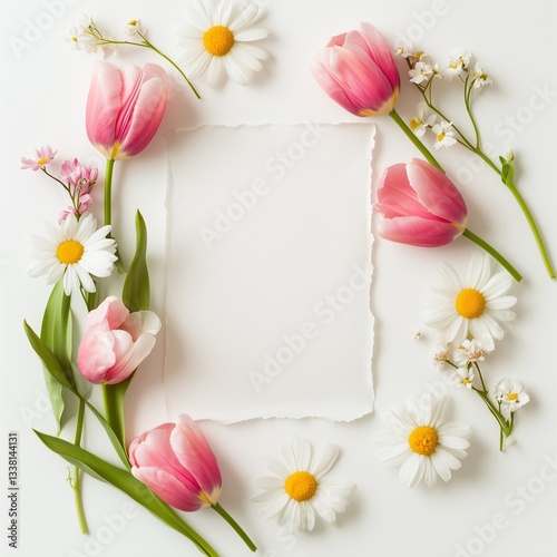 Elegant blank torn paper with pink tulips and white daisies arranged on a white background for spring-themed invitations or messages