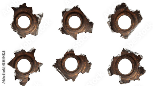 Fotografie Set of six bullet holes showing metal damage on transparent background