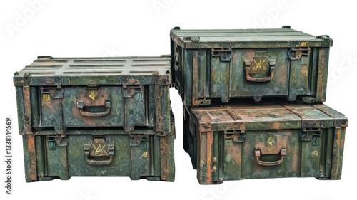фотографія Four stacked military storage boxes with camouflage pattern on transparent backg