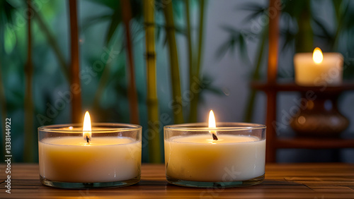 Spa candles on a bamboo forest backdrop