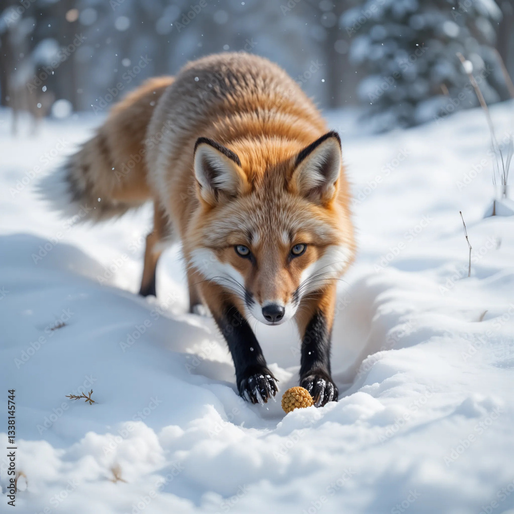 Obraz premium An image of a fox walking along a snowy animal trail.