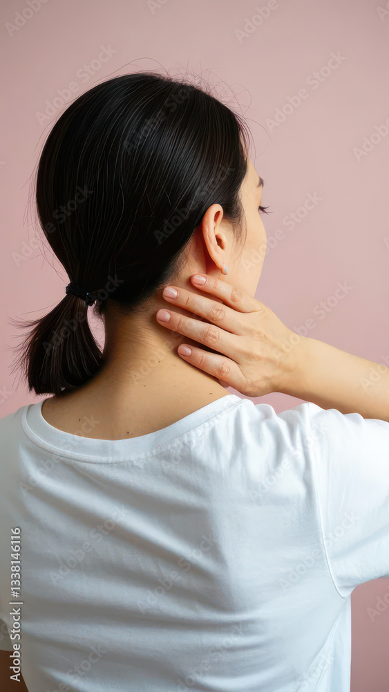 Woman Massaging Neck for Relief with Black Hair and White Shirt Woman Massaging Neck for Relief with Black Hair and White Shirt