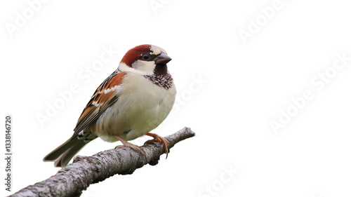 House sparrow perched on branch with transparent background