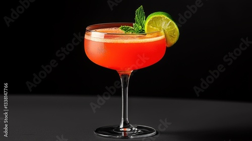 Wallpaper Mural Vibrant orange cocktail with lime garnish on black background Torontodigital.ca