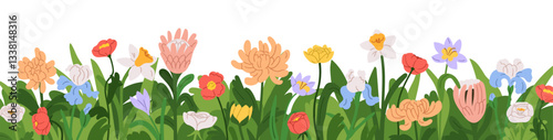 Floral border. Flower blossoms with leaves, horizontal decoration. Natural spring and summer garden design. Gorgeous blooming plants mix, banner. Flat vector illustration isolated on white background