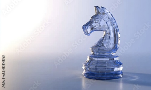 Glass knight chess piece on reflective surface with bright background for strategy concept