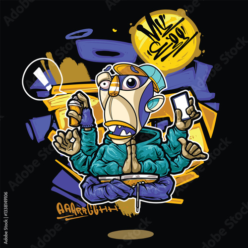 A vibrant and colorful graffiti-style vector illustration featuring a street art character with a snapback, hoodie, and sunglasses. Perfect for T-shirt designs, urban merchandise, and hip-hop-inspired