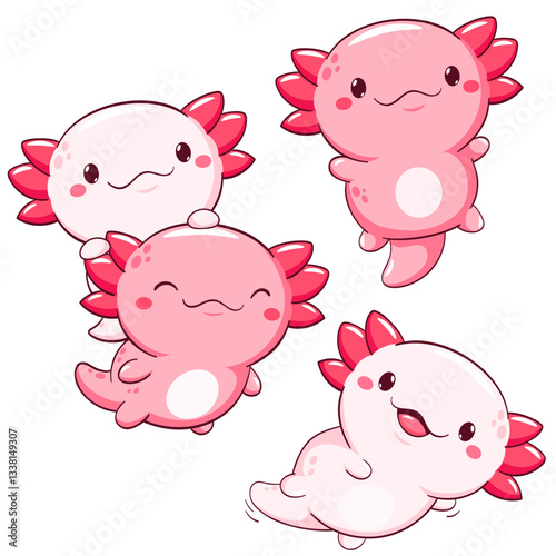 Set of axolotl in kawaii style. Lovely axolotl baby in different poses. Cute axolotl expression sheet collection. Can be used for t-shirt print, sticker, greeting card. Vector illustration EPS8