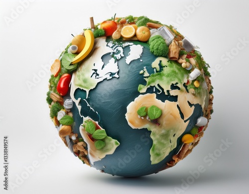 earth made of food waste; white background, minimal eco waste recycling idea 2