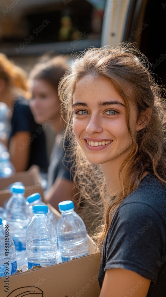 A young woman with long, wavy hair smiles brightly while helping to distribute water bottles to a group in a busy community gathering. Sunlight enhances the joyful atmosphere